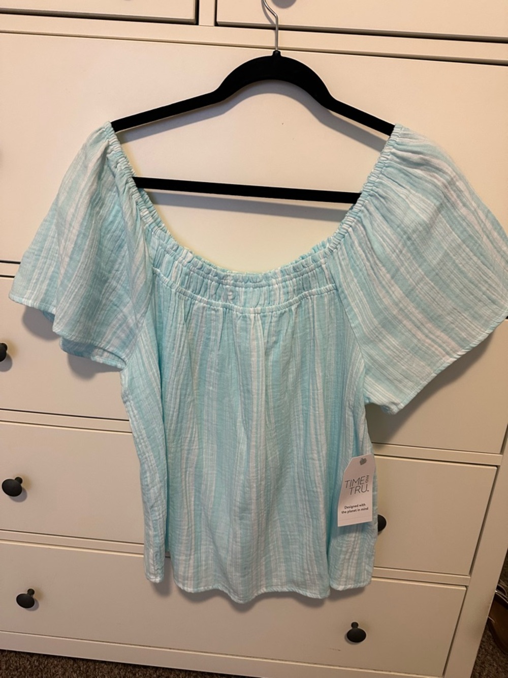 Time and Tru Light Aqua Striped Off-Shoulder Blouse